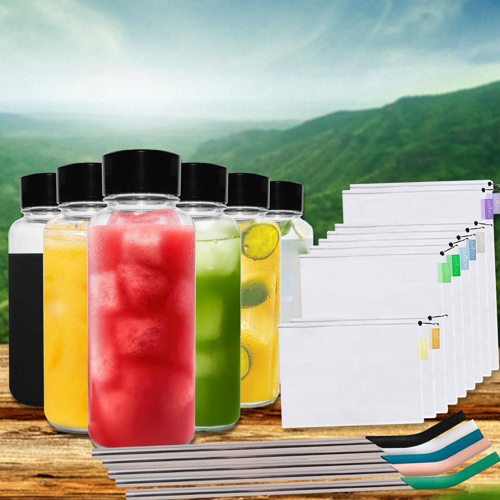 purifyou Reusable Produce Bags (S9), Stainless Steel Straws (S5), & Glass Water Bottles (S6) - Eco-Friendly Storage & Drinking Solutions for Juicing, Hydration, and Shopping Needs