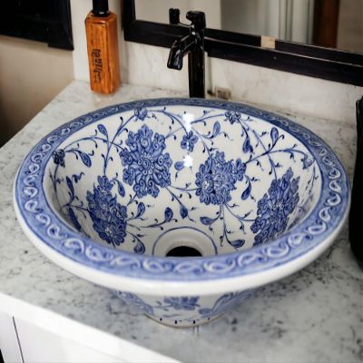 Bathroom Ceramic Blue Basin, Kitchen Vessel Sink, Countertop Floral Basin, Bowl Sink, Bathroom Remodeling, Vanity, Glossy Washstand, Powder (Diameter: 45 Cm - 18 Inches)
