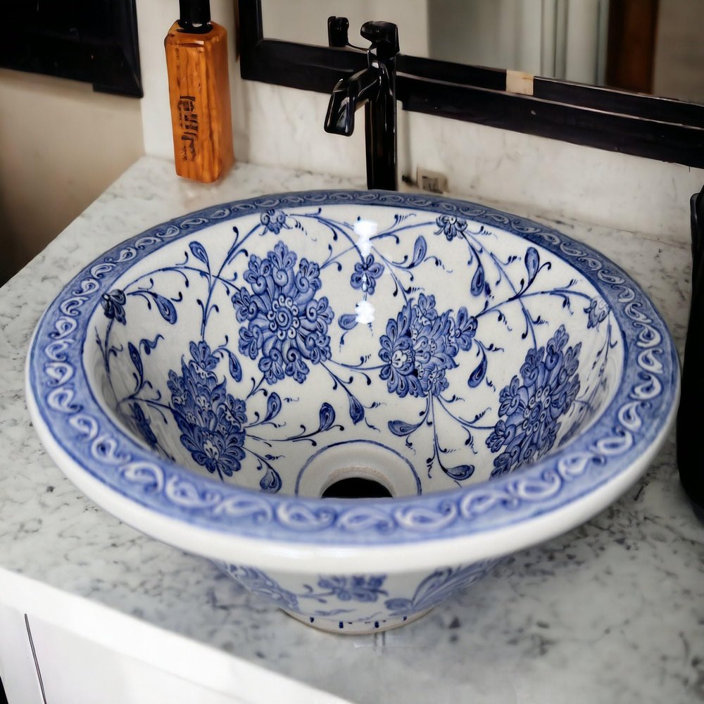 Bathroom Ceramic Blue Basin, Kitchen Vessel Sink, Countertop Floral Basin, Bowl Sink, Bathroom Remodeling, Vanity, Glossy Washstand, Powder (Diameter: 45 Cm - 18 Inches)