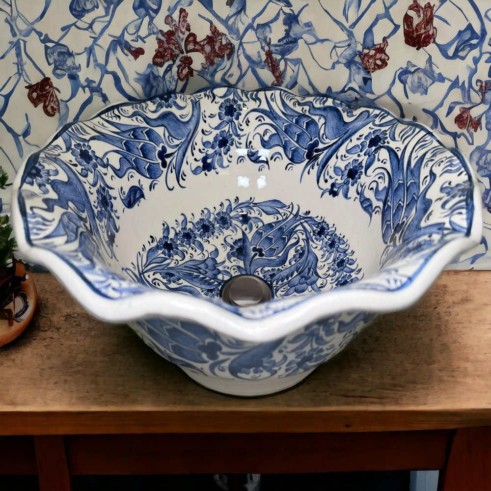 Bathroom Vanity Vessel Blue Sink, Floral Washbasin, Half Bathroom Sink, Pottery Decorative Basin, Ceramic Bath Decor, Remodeling, Midcentury (Diameter: 45 Cm - 18 Inches)