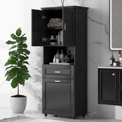 JIVOIT 70" H Tall Bathroom Cabinet with Laundry Basket, Double Cabinets with Doors and Open Storage Space, Tilt-Out Laundry Hamper and Upper Storage Cabinet (Black * 102)