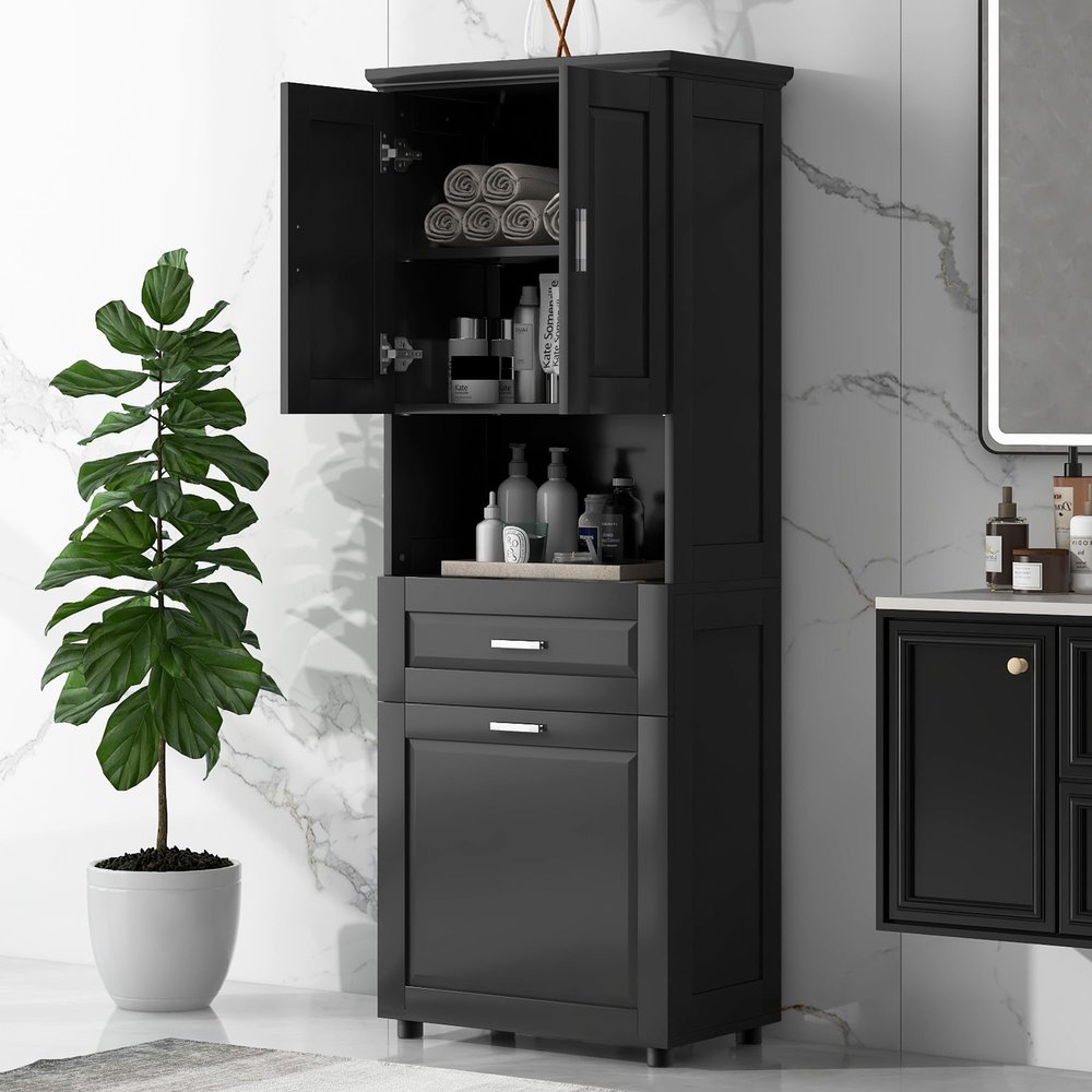 JIVOIT 70" H Tall Bathroom Cabinet with Laundry Basket, Double Cabinets with Doors and Open Storage Space, Tilt-Out Laundry Hamper and Upper Storage Cabinet (Black * 102)
