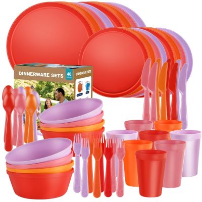 40 Piece Plastic Dinnerware Set for 8 with Cutlery, Unbreakable Plates and Bowls Set, Dishwasher & Microwave Safe Reusable Dish Set for Camping, RV, Outdoor Kitchen, Apartment Dining,Sunset Multicolor
