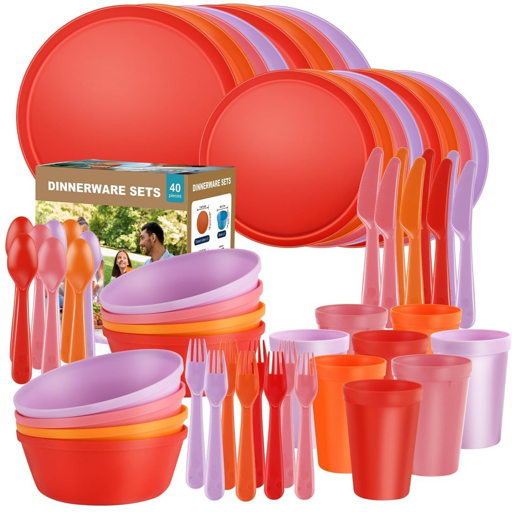 40 Piece Plastic Dinnerware Set for 8 with Cutlery, Unbreakable Plates and Bowls Set, Dishwasher & Microwave Safe Reusable Dish Set for Camping, RV, Outdoor Kitchen, Apartment Dining,Sunset Multicolor