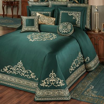 Touch of Class Balmoral Luxury Bedding | Emerald Green | Palace-Inspired Traditional Golden Scrollwork Embroidery on Sateen 6 Piece Set: Cal King Bedspread, 2 King Shams & 3 Decorative Pillows