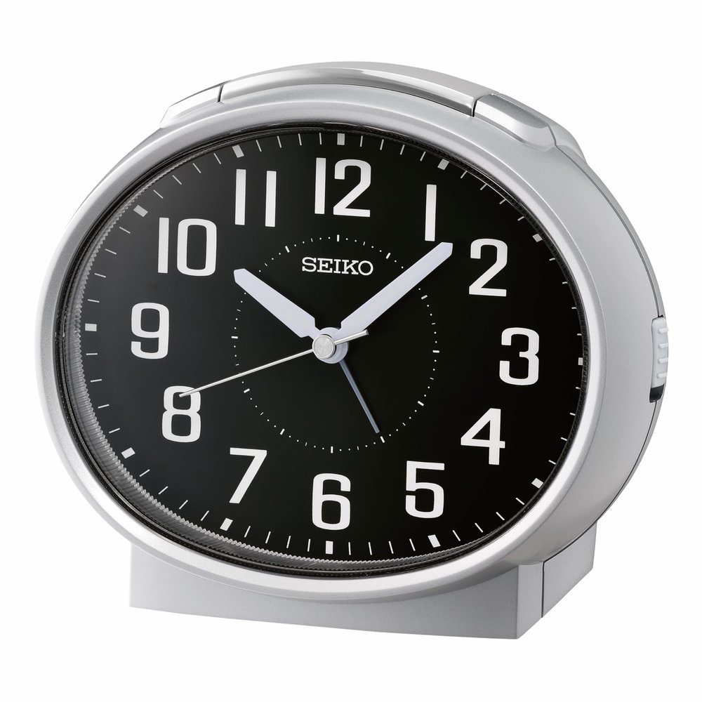 Seiko QHK059ALH Oval Non Ticking Bedroom Alarm Clock, Silver, 4.4 x 5 Inches