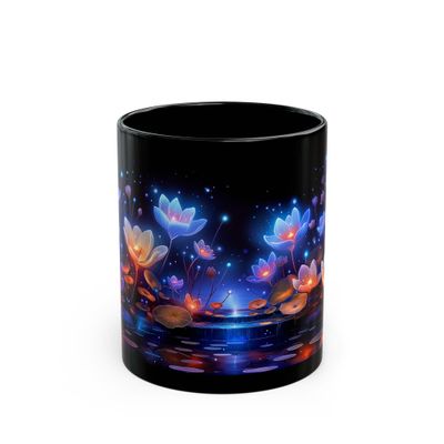 ElegantlySimple - Made in the USA - Midnight Flowers Coffee Mug, Magical Lotus Blooms Black Ceramic Mug, Fantasy Blue Tea Cup