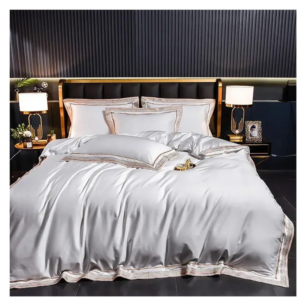 GLAMDIA Silvery Grey Egyptian Cotton Bedding Set Luxury Chic Gold Embroidery Bedclothes Super Soft Duvet Cover Bed Sheet Pillowcases,Bed