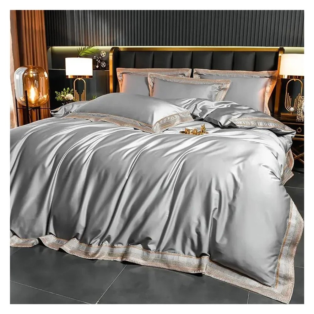 GLAMDIA Silvery Grey Egyptian Cotton Bedding Set Luxury Chic Gold Embroidery Bedclothes Super Soft Duvet Cover Bed Sheet Pillowcases,Bed