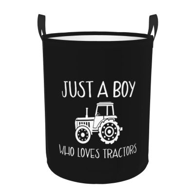 Boy Who Loves Tractors Laundry Basket Round Portable Storage Box Organizer Laundry Basket Portable Laundry Organizer