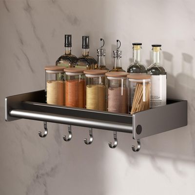 Gray,30cm,Spice Rack Seasoning Organizer Wall Mount, Hanging Spice Holder, Kitchen Spice Organizer Shelf with Movable Hooks and Paper Towel Rack for Storing Spices, Cans, Jars