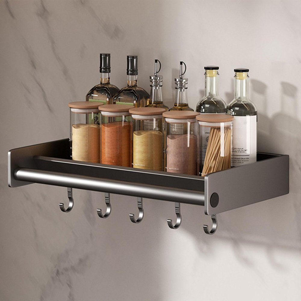 Gray,30cm,Spice Rack Seasoning Organizer Wall Mount, Hanging Spice Holder, Kitchen Spice Organizer Shelf with Movable Hooks and Paper Towel Rack for Storing Spices, Cans, Jars