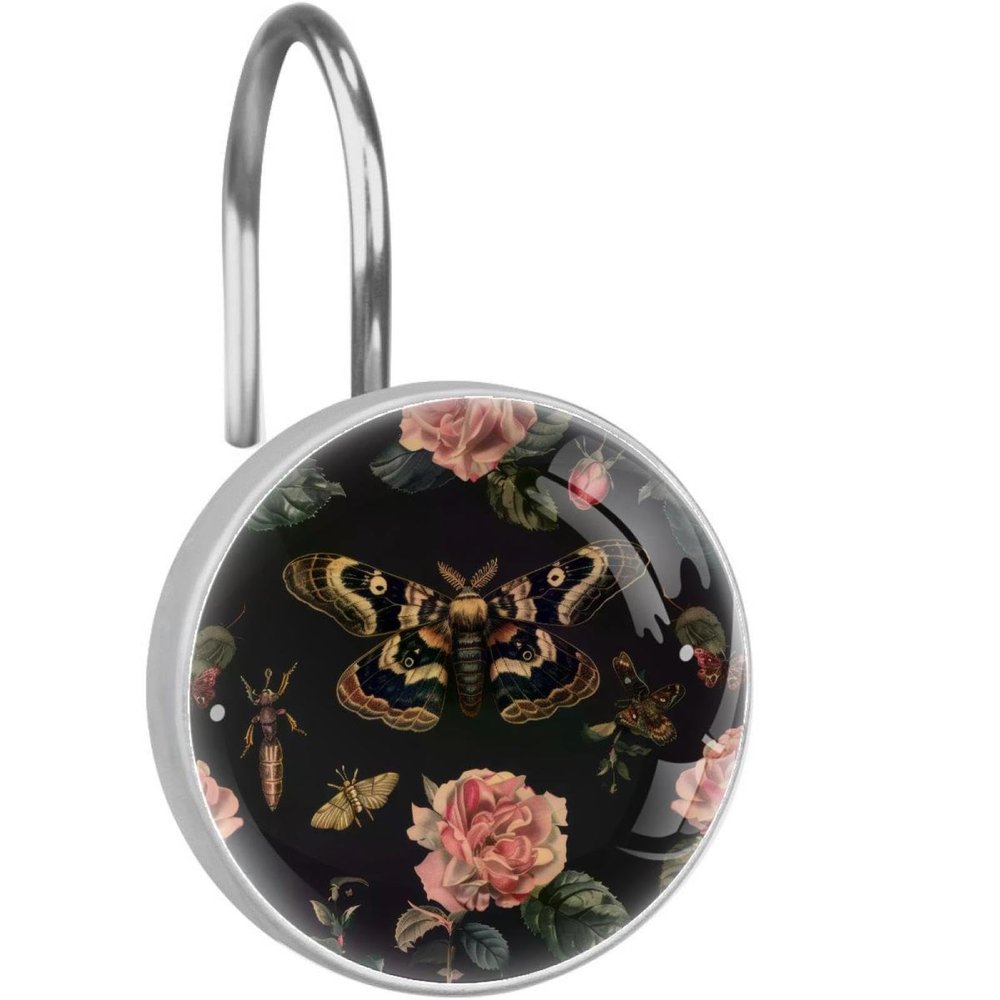 asebiunh Hawk Moth Rose Flowers Pattern Shower Curtain Hooks Decorative, Set of 12 Crystal Shower Curtain Hooks Rings for Bathroom, Baby Room, Bedroom, Living Room Dcor