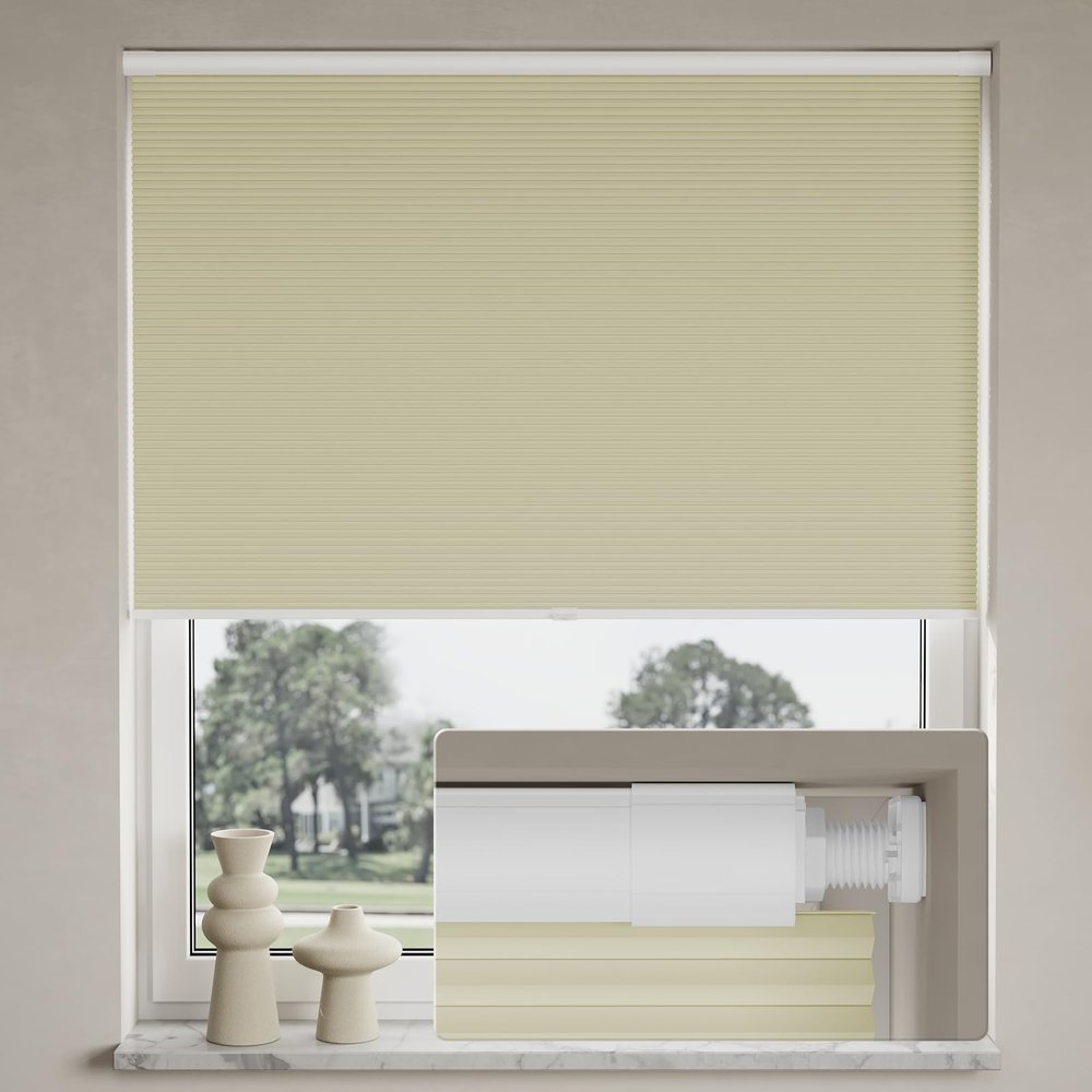 Myshade No Drill Blackout Shades Tension Cordless Cellular Blinds for Indoor Windows No Drilling No Tools Window Blinds & Shades Pull Down Room Darkening for Kitchen Bedroom Home, Beige-70 W x 36" H