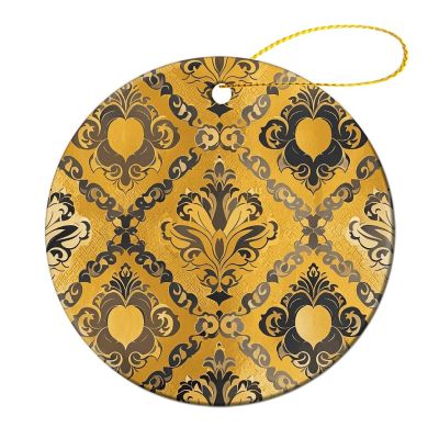 Christmas Ornaments Brocade Pattern in Yellow and Gray Ceramic Ornament Crafts Hanging Souvenir Round Hanging Pendant Ornaments for Xmas Holiday Party Christmas Tree Decorations 1 Pcs