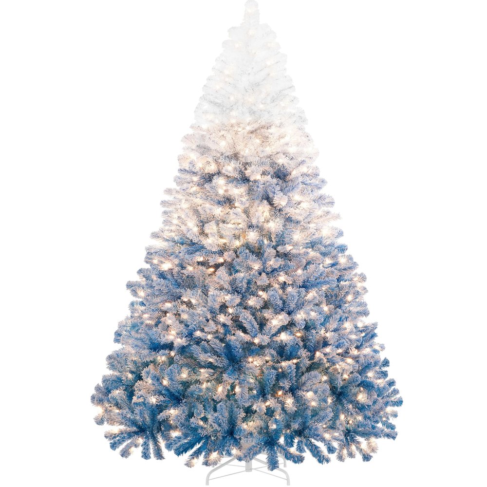 Topeakmart Artificial Christmas Pine Tree with Lights Snow Frosted Xmas Tree for Holiday Decoration with Iron Stand, 9ft, Lake Blue Gradient