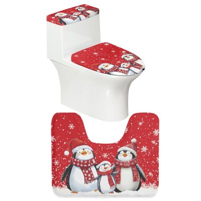 PJHEQOXE Christmas Penguins Snowflakes Toilet Rugs U Shaped,Toilet Lid Cover and Toilet Tank Cover Set,Non Slip Super Absorbent Bathroom Floor Mats,Toilet Lid Cover with Elastic Edge (Red)