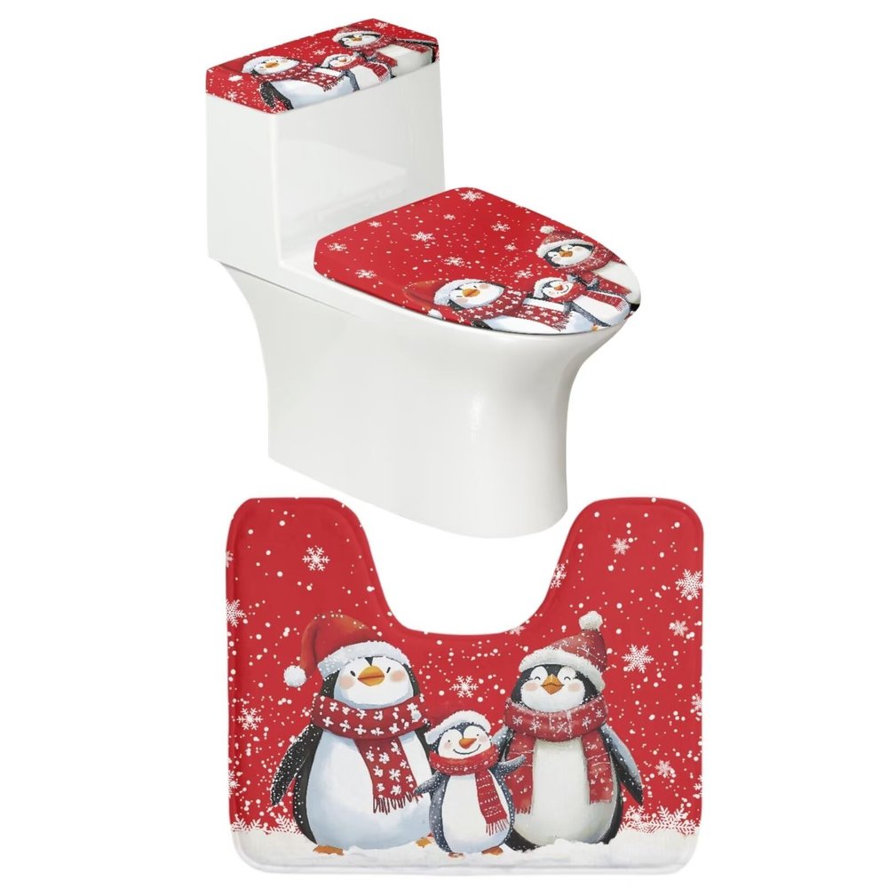 PJHEQOXE Christmas Penguins Snowflakes Toilet Rugs U Shaped,Toilet Lid Cover and Toilet Tank Cover Set,Non Slip Super Absorbent Bathroom Floor Mats,Toilet Lid Cover with Elastic Edge (Red)
