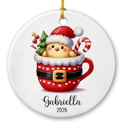 Chicken Ceramic Ornament, Chicken in Cup Christmas Ornament, Personalized Chicken Santa Cup Xmas Ornament, Chicken Xmas Tree Ornament, Gifts for Family Friend, Animal Ornament with Custom Name