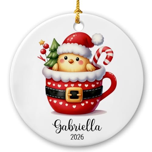 Chicken Ceramic Ornament, Chicken in Cup Christmas Ornament, Personalized Chicken Santa Cup Xmas Ornament, Chicken Xmas Tree Ornament, Gifts for Family Friend, Animal Ornament with Custom Name