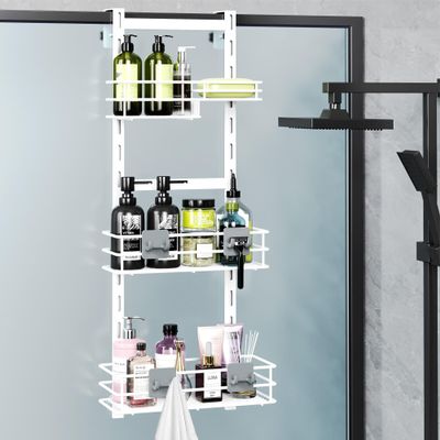 Orimade Over The Door Shower Caddy Adjustable 3 Tier White,Bathroom Hanging Organizer Shelf Rustproof with 4 Hooks,Shower Basket with Soap Holder and Suction Cup