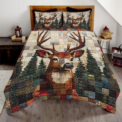 SATIGI Personalized Deer Quilt Set, Camouflage Themed Bedding, Deer Twin Bed Set, Gift for Deer Hunting Lovers (Deer Quilt 11)