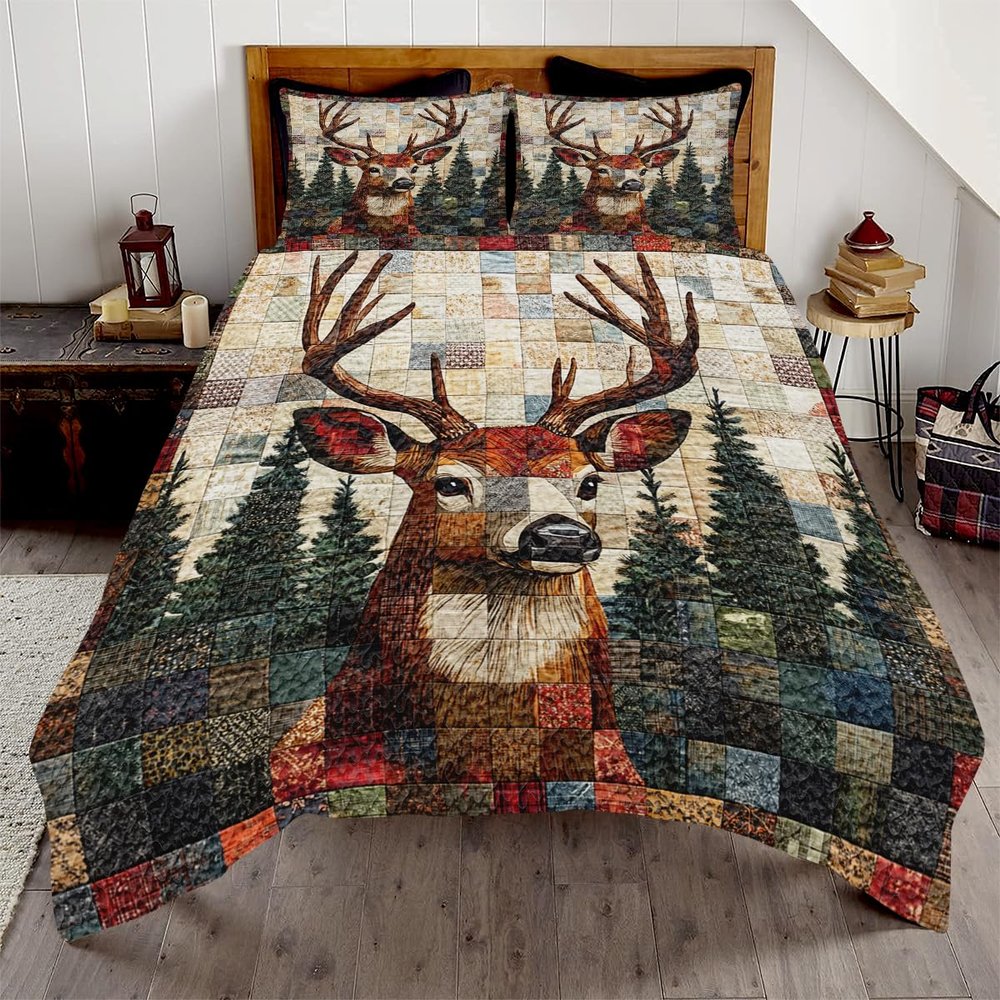 SATIGI Personalized Deer Quilt Set, Camouflage Themed Bedding, Deer Twin Bed Set, Gift for Deer Hunting Lovers (Deer Quilt 11)