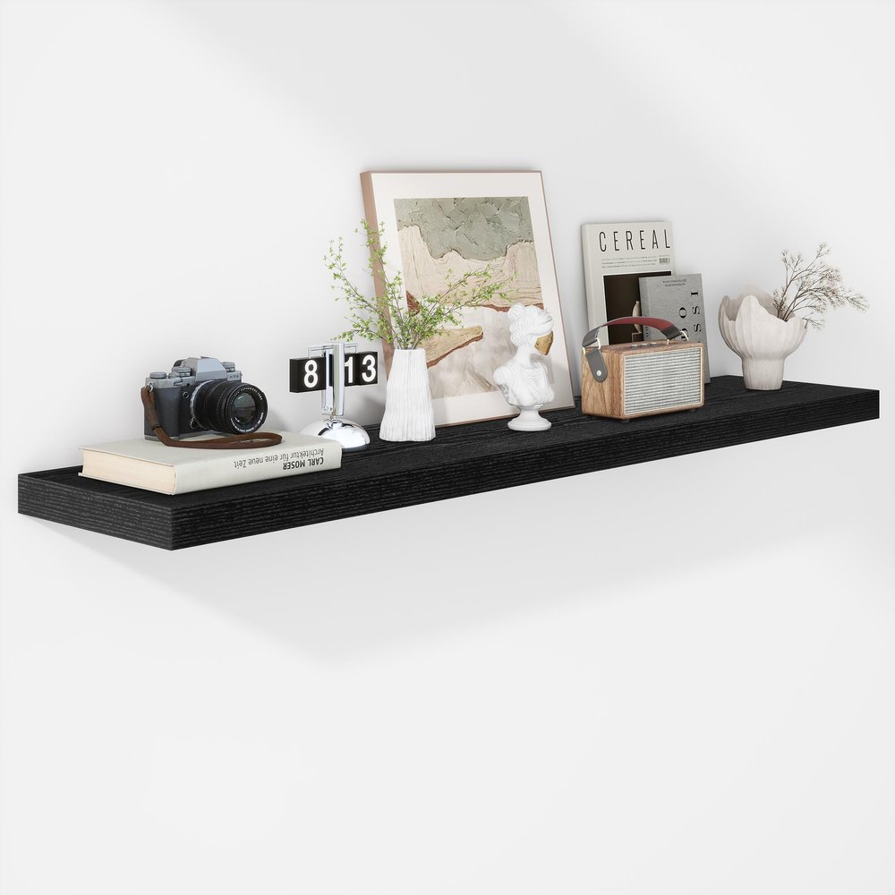 Fun Memories Floating Shelves - 12 Inch Rustic Wooden Wall Shelves - Extra Deeper & Thicker Wall Mounted Storage Shelf for Living Room, Kitchen, Farmhouse - 55" W x 12" D x 1.8" H - Rustic Black