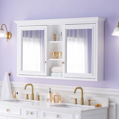 WELLFOR 55 x 30-in Bathroom Cabinet with Double-Side Mirrors, Wall Mounted Wood Mirror Storage Cabinet with 2 Soft-Close Door/ 6 Solid Wood Shelves, Anti-Fog Glass, Z-bar Hangs Vertically, White