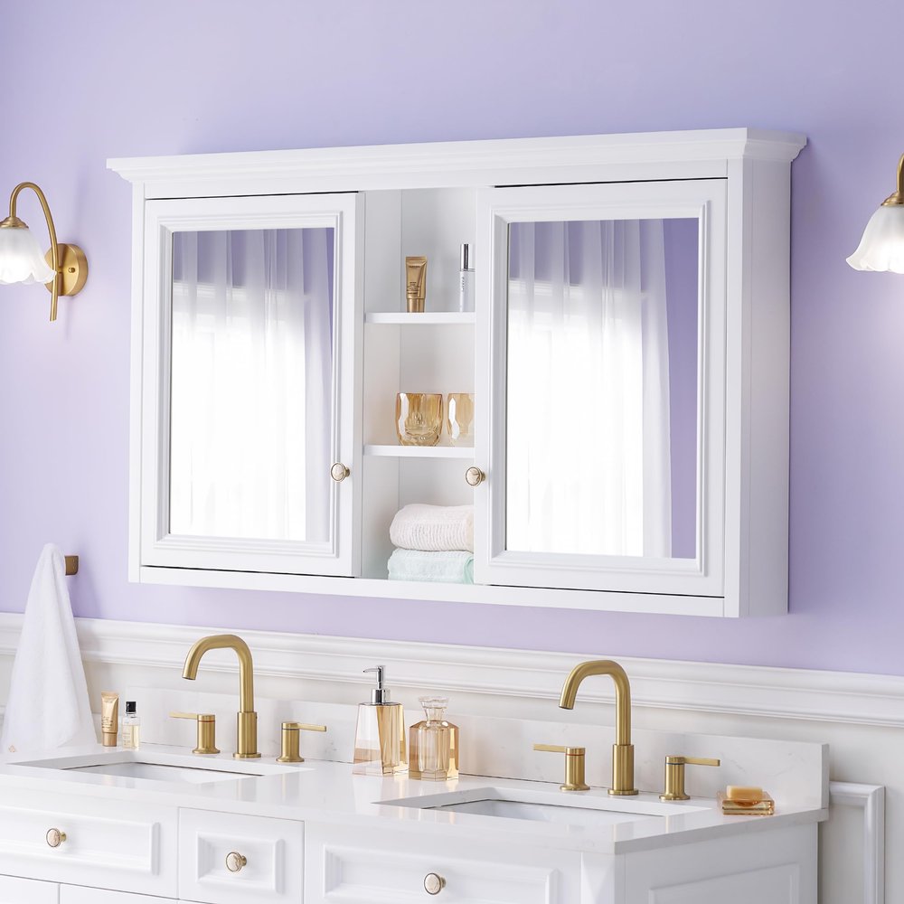 WELLFOR 55 x 30-in Bathroom Cabinet with Double-Side Mirrors, Wall Mounted Wood Mirror Storage Cabinet with 2 Soft-Close Door/ 6 Solid Wood Shelves, Anti-Fog Glass, Z-bar Hangs Vertically, White