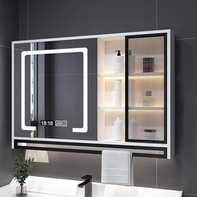 GRIPITHPY Medicine Cabinet with Light,LED Mirror Cabinet with Towel Rack,Makeup Vanity Mirror with Defogger, Dimmer, Storage, Recessed or Surface Mounted Medicine Cabinet Mirror for Bathroom