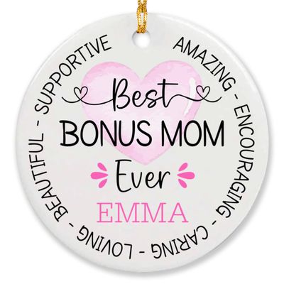 2026 Christmas Ornaments Gift for Best Bonus Mom Ever, Personalized Stepmom Christmas Ornaments Gifts from Daughter Son, Bonus Mother Ornaments for Xmas Tree Decor, Custom Name Stepmom Xmas Ornament