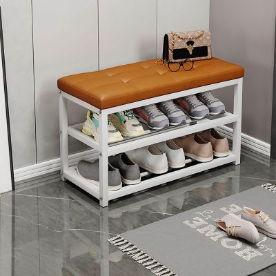 Storage Stool Iron Bench Frame - Shoe Storage with Memory Foam Seat - Stylish Faux Leather Furnishing Footstool for Hallway Entryway Living Room