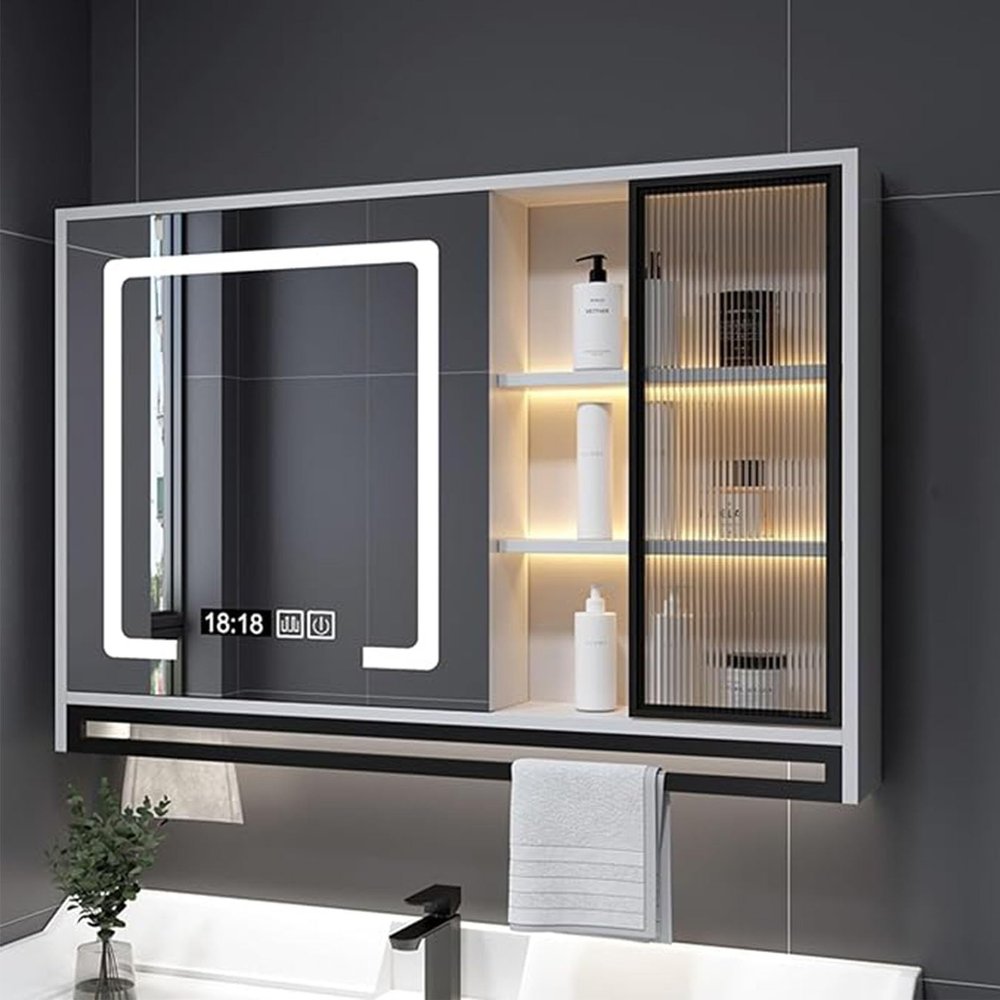 GRIPITHPY Medicine Cabinet with Light,LED Mirror Cabinet with Towel Rack,Makeup Vanity Mirror with Defogger, Dimmer, Storage, Recessed or Surface Mounted Medicine Cabinet Mirror for Bathroom