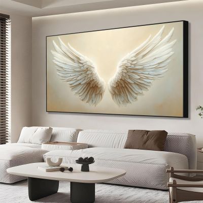 Angel Wings Canvas Wall Art, Angel Wings Vintage Style Canvas Wall Art, White Angel Wings Canvas Wall Art, Angel Wings Wall Decor, Wings Wall Decor, Angel Wings Wall Decor Large (Black Metal Framed, 48"x 27"| 122x68cm)