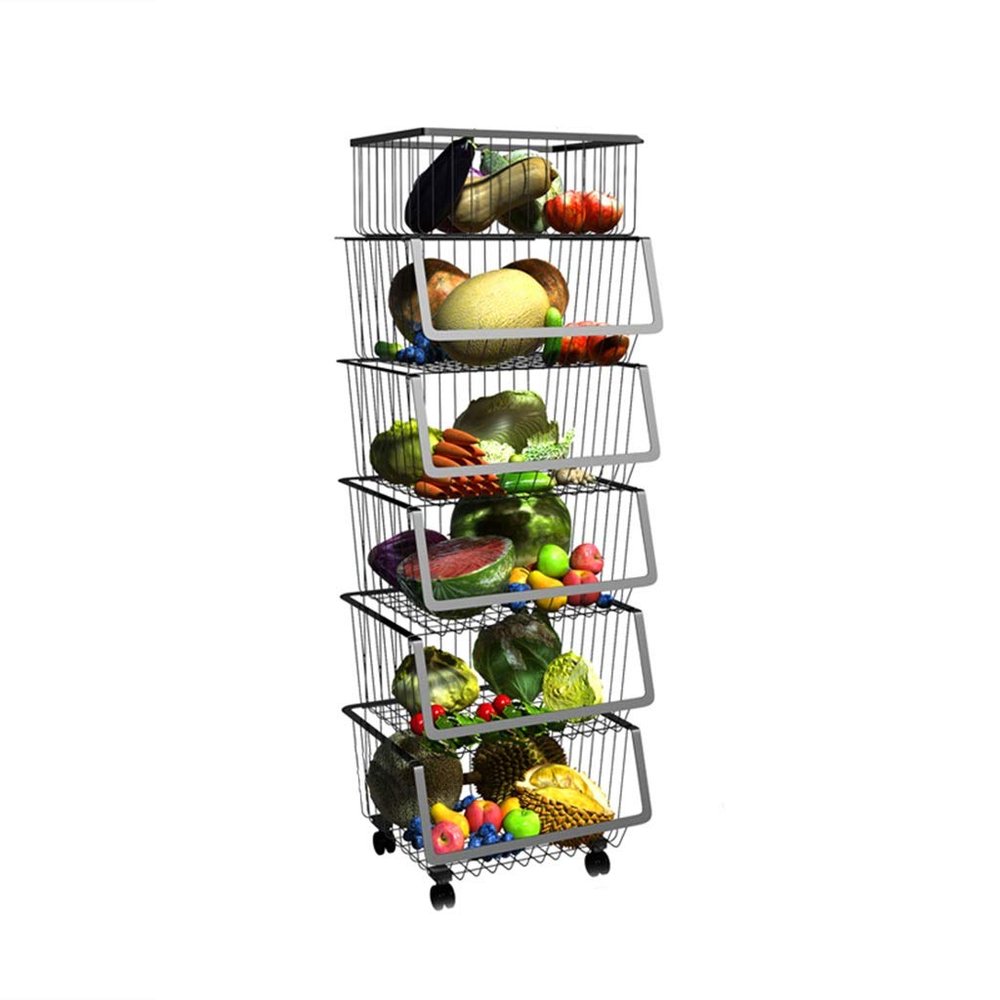 OKPJFHS Vegetable Rack, Kitchen Rack, Potato Storage, Kitchen Storage Trolley, Floor Kitchen Vegetable and Fruit Storage Rack, Food Storage Baskets (Black+Flat Net Basket-5 Layers