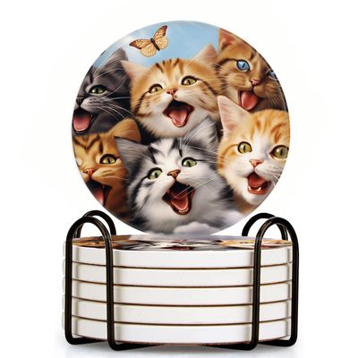 Ceramic Drink Coasters with Holder,Cute and Lively Cat Chasing A Butterfly Water Absorbent Marble Tabletop Protection (Cork Base),Set of 6,Suitable for Various Mugs,Home Decor4 Inch