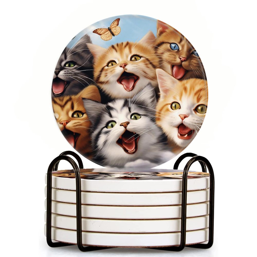 Ceramic Drink Coasters with Holder,Cute and Lively Cat Chasing A Butterfly Water Absorbent Marble Tabletop Protection (Cork Base),Set of 6,Suitable for Various Mugs,Home Decor4 Inch