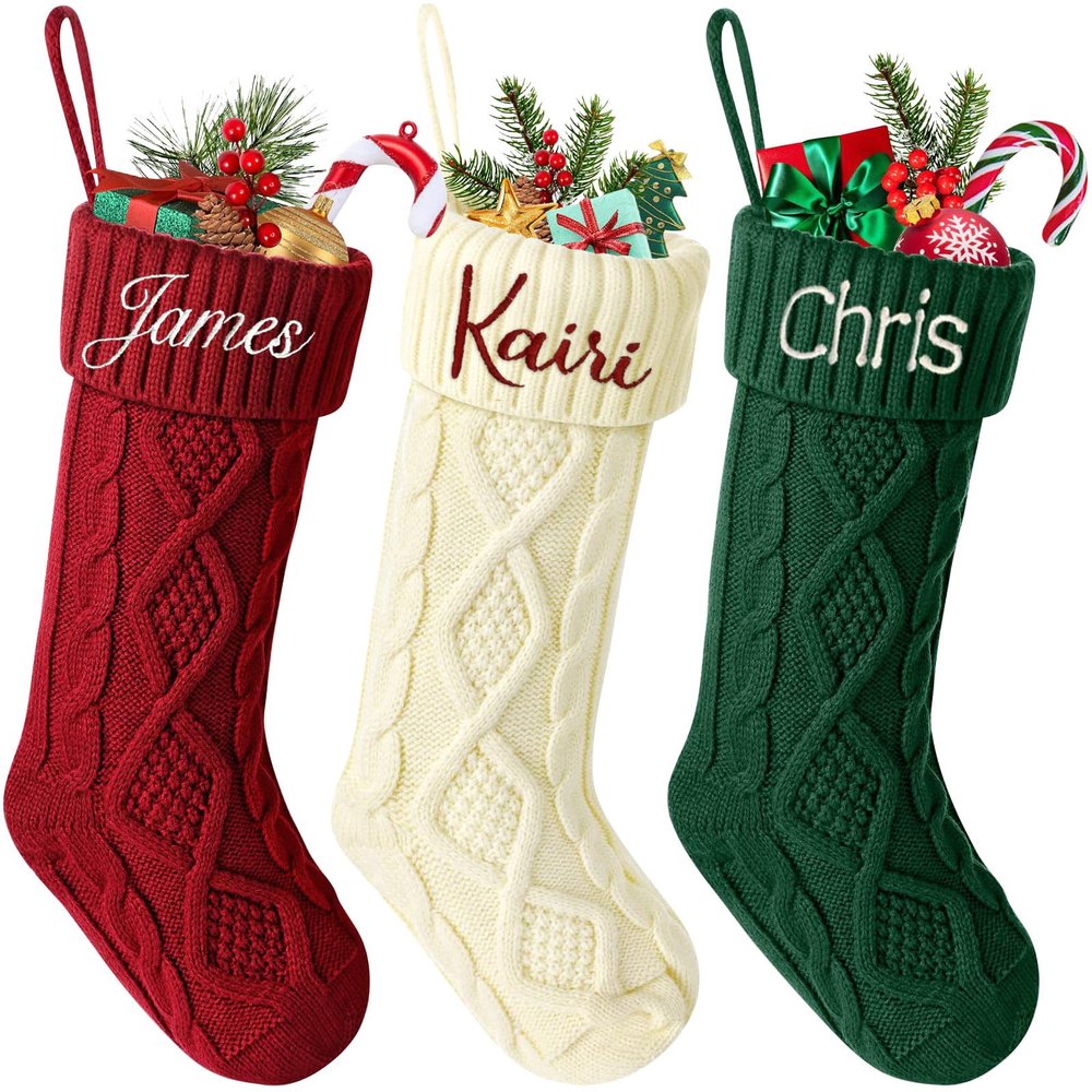 Personalized Christmas Stocking Custom Name Family Christmas Stocking, 18 Large Knitted Xmas Stocking for Kids,Family Fireplace Christmas Holiday Party Decoration (7, Style A)