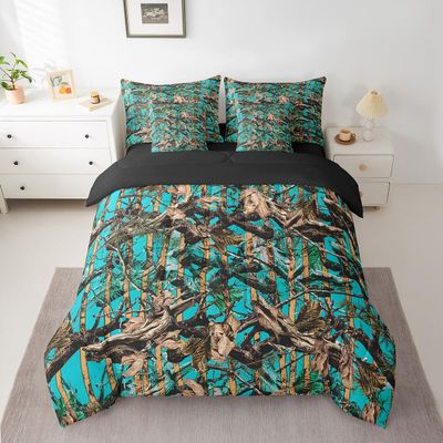 Feelyou Tree Branches 7 Pieces Bedding Set, for Kids Wild Hunting Leaf Bed Set Queen Size Botanical Tree Bed in a Bag with Comforter, Sheets, Pillowcases Bedroom Decor Nature Theme Teal Brown