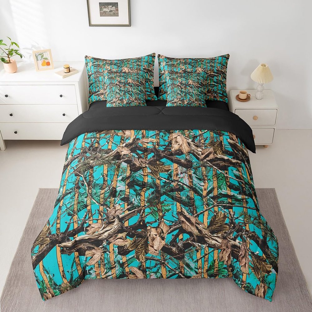 Feelyou Tree Branches 7 Pieces Bedding Set, for Kids Wild Hunting Leaf Bed Set Queen Size Botanical Tree Bed in a Bag with Comforter, Sheets, Pillowcases Bedroom Decor Nature Theme Teal Brown