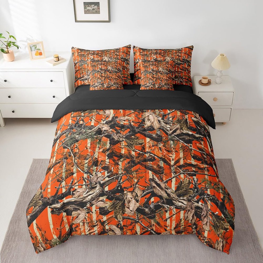 Feelyou Tree Branches 7 Pieces Bedding Set, for Kids Wild Hunting Leaf Bed Set King Size Botanical Tree Bed in a Bag with Comforter, Sheets, Pillowcases Bedroom Decor Nature Theme Orange Brown