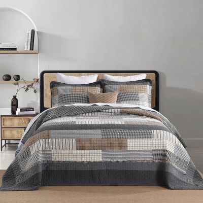 FineStichery 128"x120" Cotton Oversized King Bedspread Coverlet, Gray Plaid Extra Large Quilt Set with Pillow Shams, Lightweight Farmhouse Reversible Quilted Bedspreads, All Season, 3 Piece