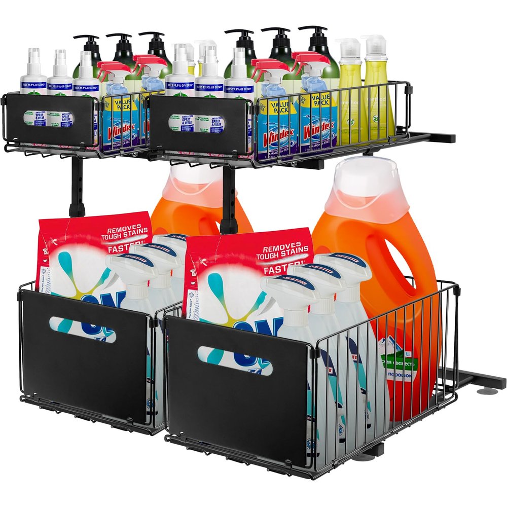 TEKCHIC Under Sink Organizers and Storage, 2-Tier Pull Out Cabinet Organizer, Slide Sink Steel Shelf Cabinet Storage Shelves, Height Adjustable Under Sink Storage for Kitchen Bathroom, 2 Pack