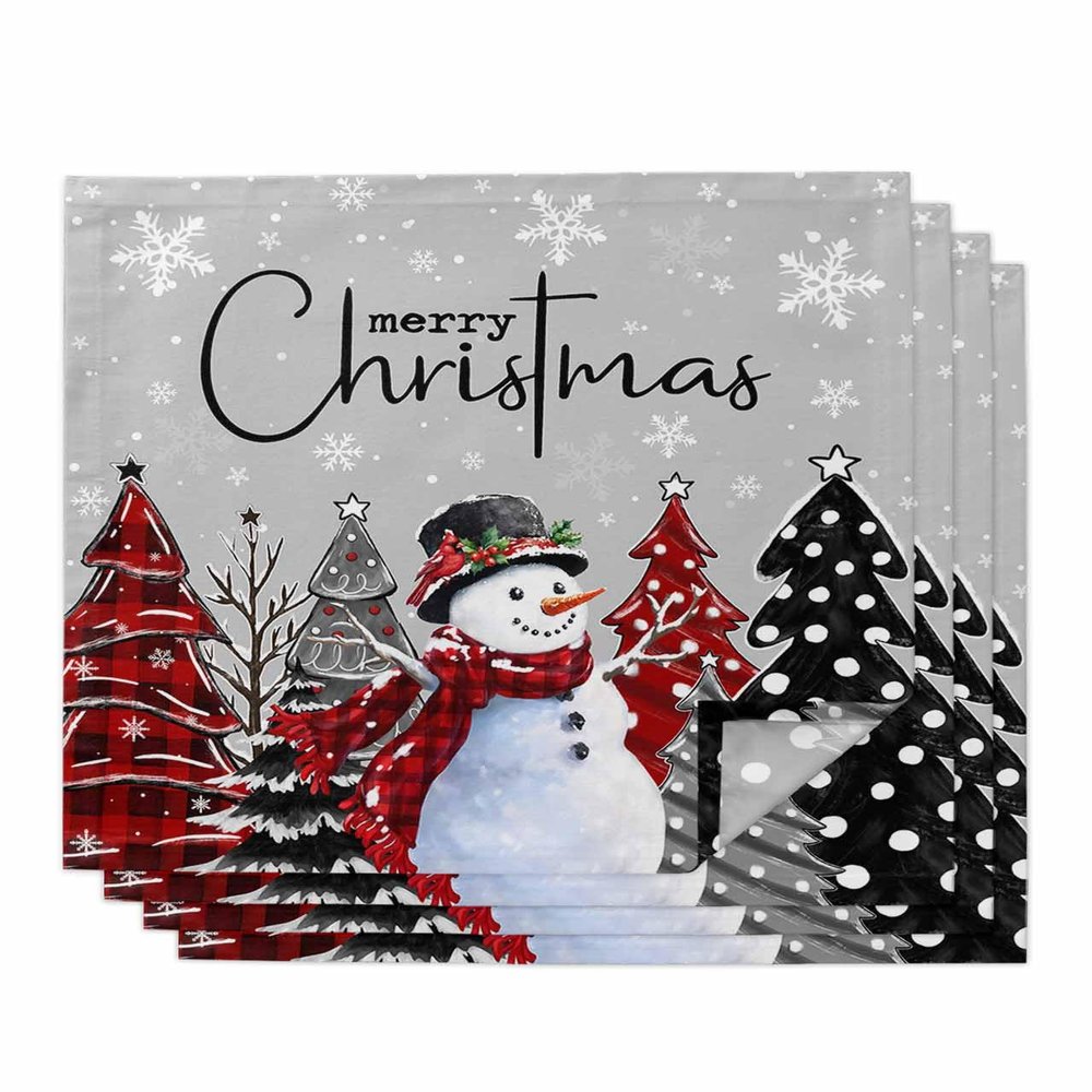 Kewadony Gray Snowman Christmas Dinner Cloth Napkins Set of 4, Christmas Trees Washable Cocktail Cloth Napkins 20 x 20 Inches, Xmas Snowflake Winter Reusable Table Napkins for Wedding Holiday Party