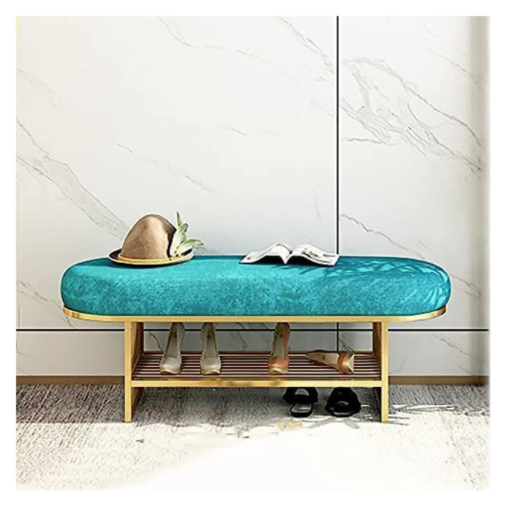 DBZRRKHDC Shoe Storage Bench Entryway Furniture Entrance Bench with Gold Shoe Rack, Velvet Upholstered Bench Seat, Modern Bench Shoe Cabinet Organizer(Grey,100x35x45cm)