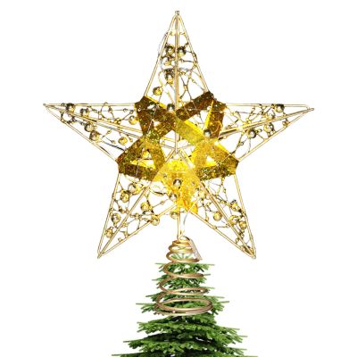 ZHDOKA 9.8in Tall Glitter Christmas Tree Topper, 9.8in Gold Christmas Star Tree Topper Metal 3D Hollow Plug in Treetop Topper Ornament for Xmas New Year Party Holiday Decoration