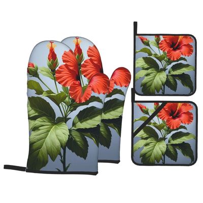 Red Hibiscus Print Oven Mitts and Pot Holders Set of 4 Cute Hot Pads Heat Resistant Gloves - Heat Resistant Kitchen Accessories