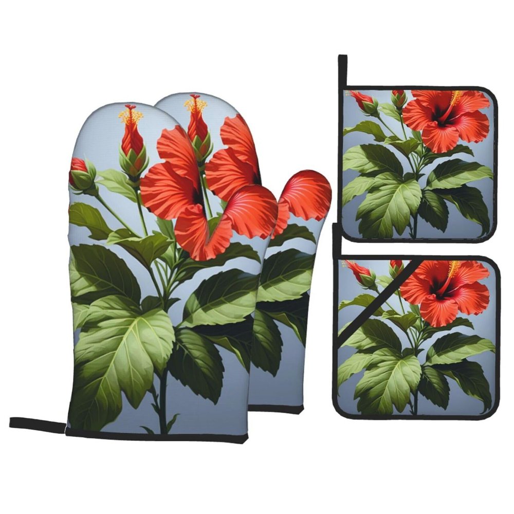 Red Hibiscus Print Oven Mitts and Pot Holders Set of 4 Cute Hot Pads Heat Resistant Gloves - Heat Resistant Kitchen Accessories