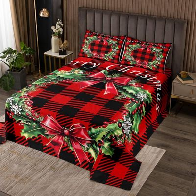 3 Piece Christmas Garland Quilt Bedding Set Women Aldult Lightweight Bedding Red Bowknot Bedspread Set Red Black Grid Bedspread Coverlet Soft Microfiber Home Quilt Set for King Bed All Season